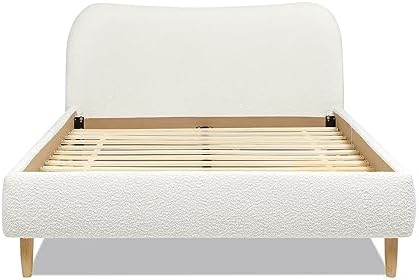 GOWE Roman Curved Headboard Upholstered Platform Bed, Queen, Ivory White Boucle