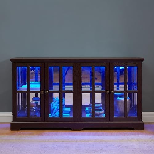 KEIKI Curio Cabinet, Lighted Glass Display Cabinet w/ 4 Glass Doors & Adj...