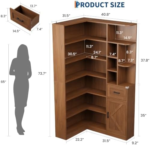 Garvee 74'' Tall Corner Bookshelf- 6-Tier Book Shelf with Drawer &amp...