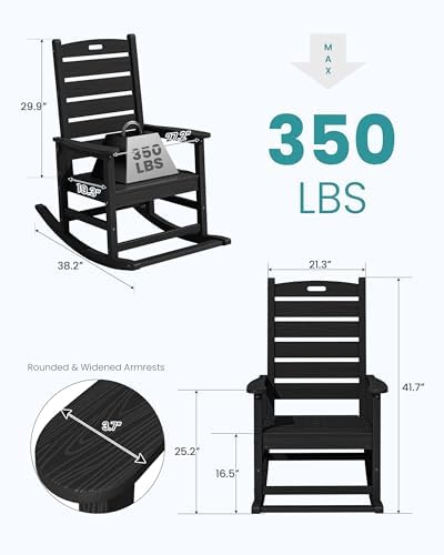 SERWALL Outdoor Rocking Chair Set of 2, Oversized HDPE Rocker, Black | Heavy ...
