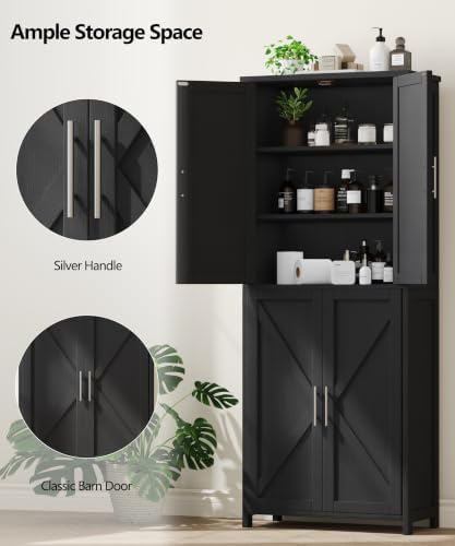Akxomel 63''H Tall Farmhouse Bathroom Storage Cabinet with 4 Doors Bl...