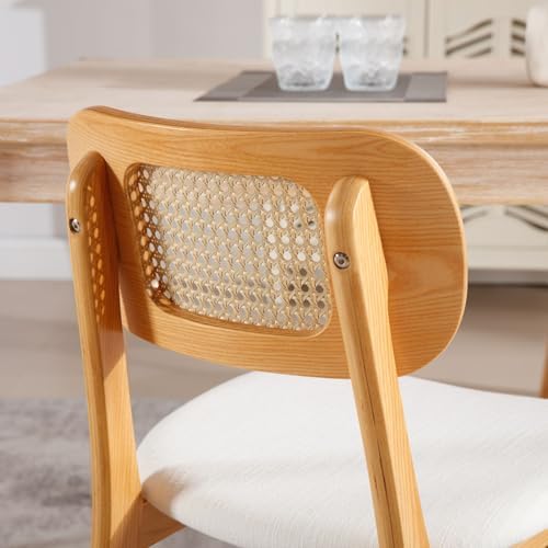 ROCITY Rattan Dining Chairs Set of 2 Beige Linen Fabric Dining Room Chairs Na...