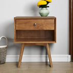 Walker Edison Mid Century Modern Wood Nightstand Side Table Bedroom Storage Drawer and Shelf Bedside End Table, 1 Drawer, Caramel