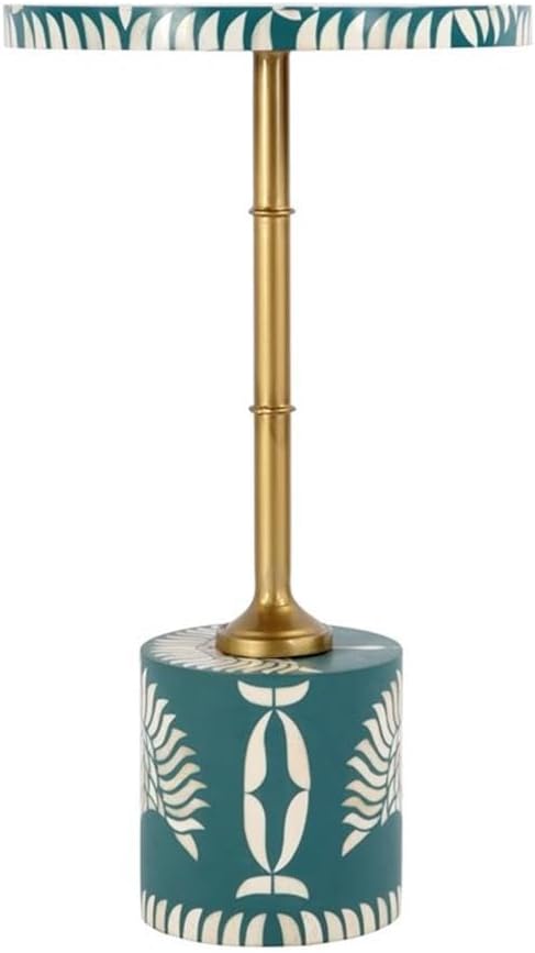 Pemberly Row Set of 2 14" Round Bone Inlay Iron Side Tables in Teal/Gold