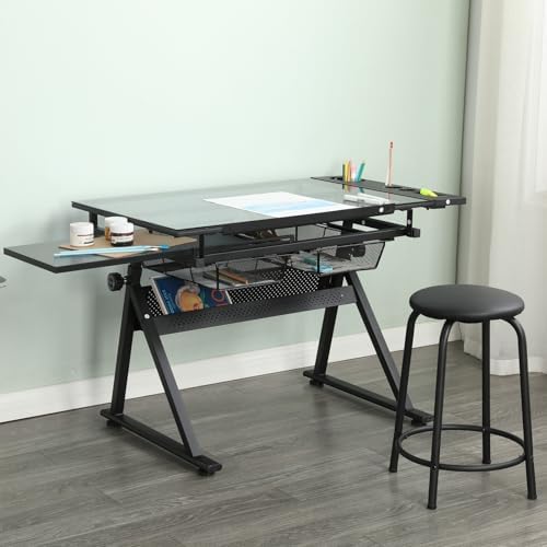 Drafting Table, Height Adjustable Art Tabe with Stool, Black | 0-75° Tilting ...
