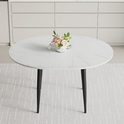 42"-54" Round to Oval Extendable Dining Room Table, White Faux Marb...