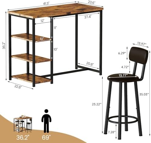 Kitchen Dining Table Set for 2, Bar Table and Chairs Set with 3 Storage Shelv...