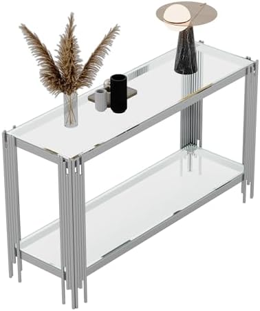Modern Glass Entryway Table, 55" Long Console Table w/ 2 Tier Storage Sh...