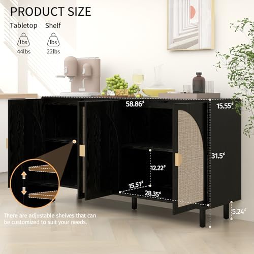 vistavie Black Rattan Buffet 4-Door Storage Cabinet with Adjustable Shelves, ...