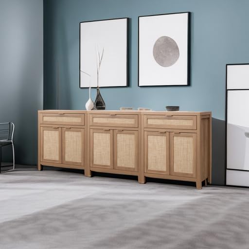 SICOTAS Sideboard Buffet Cabinet Set of 3, Rattan Credenza Storage Cabinet