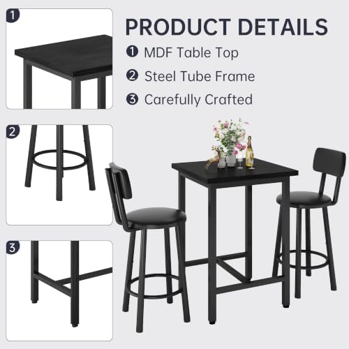 3 Piece Bar Table and Chairs Set for 2, Counter Height Square Pub Dining Set,...