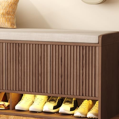 HOMEFORT 47.2" Fluted Shoe Storage Bench, Entryway Bench with Linen Seat...