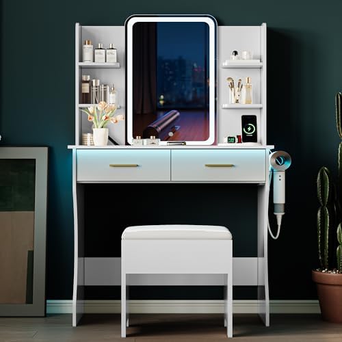 Vanity Desk with LED Lights Mirror & Power Outlet, Small Makeup Vanity Ta...