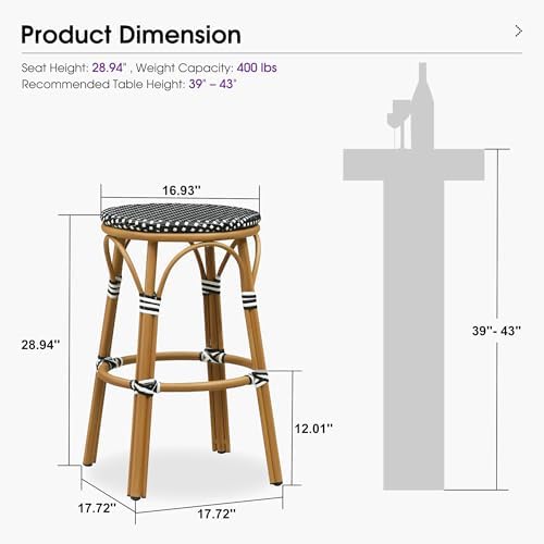 PURPLE LEAF Extra-Wide Bar Stools French Bistro 29" Round 2 PCS, Black