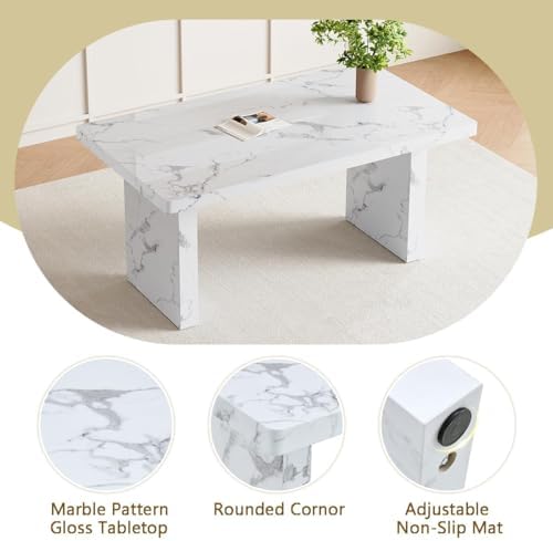Modern Dining Table Set for 6, 63“ Dinner Table Set for 6, Marble Pattern MDF Kitchen Table Top and Base, Modern Dining Table Set with White Upholstered PU Leather Chairs,Easy Assembly