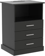 Black LED Nightstand with Charging Station, Side Table with 3 Drawers and Light, End Table with Open Storage, Beside Cabinet for Bedroom (Black 2 Set)