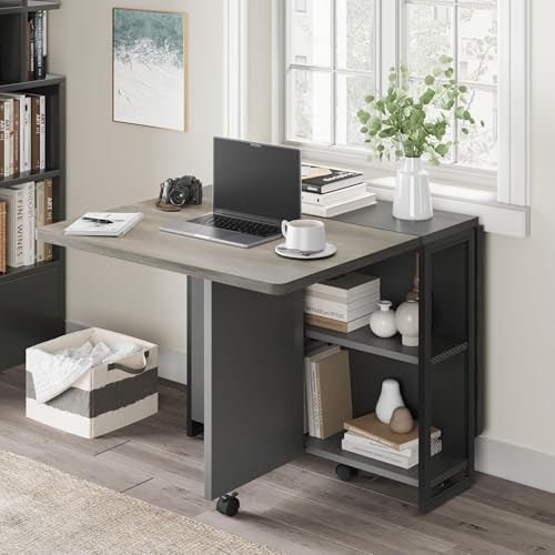 IDEALHOUSE FoldingTable, Drop Leaf Dining Table with 6 Wheels and 2-Layer Sto...