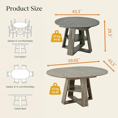5 Piece Round Extendable Dining Table Set for 4, 43"-59" Grey Wood Oval Expanding Kitchen Table with 4 Velvet Tufted Chairs, Space Saving Extendable Dining Room Tables with Storage Shelf