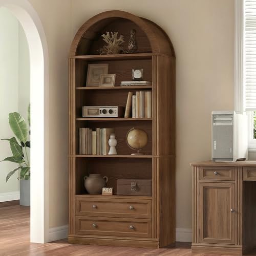 RALGEND Farmhouse Arched Bookshelf, 7 Tiers Arch Bookcase with 2 Spacious Dra...