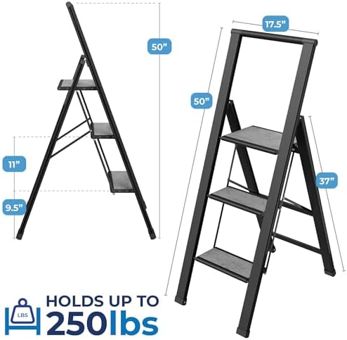 Step Ladder 3 Step Folding, Decorative - Beautiful Gray Wood & Black Alum...