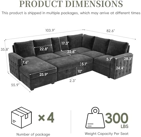 104" Sectional Sleeper Sofa Bed, 7 Seat Pull Out Couch with Storage, Gra...