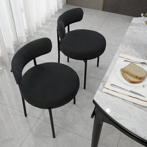 Black Dining Chairs Set of 4 Round Upholstered Boucle Dining Room Chairs Mid-...