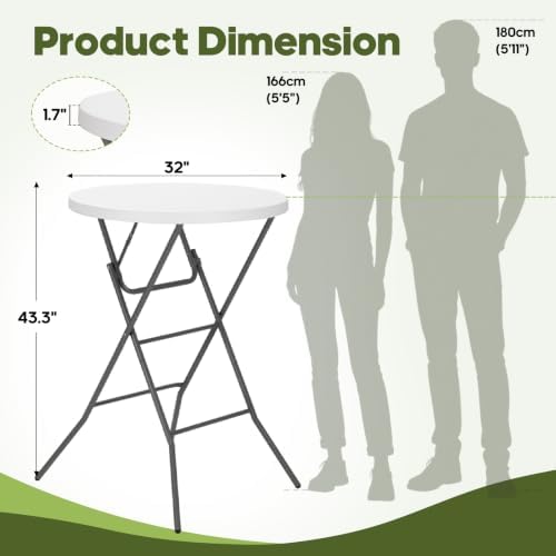 32" Round Folding Table, Portable Bar Height Folding Table with Detachab...
