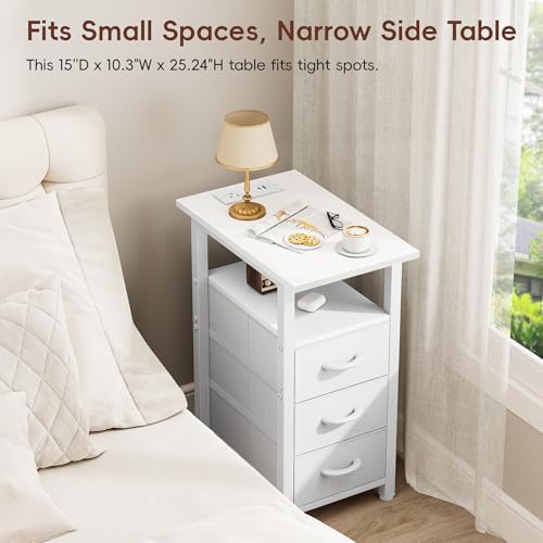 Vagusicc White End Table with Charging Station, Narrow Side Table, Narrow Nig...