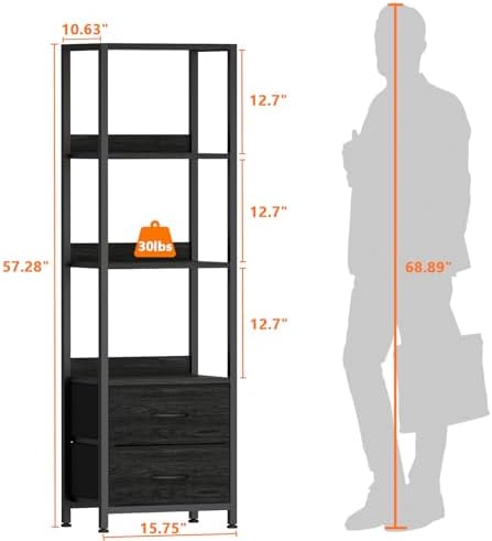 Furnulem 4 Tier Corner Shelf,Black Narrow Bookshelf with 2 Storage Drawers