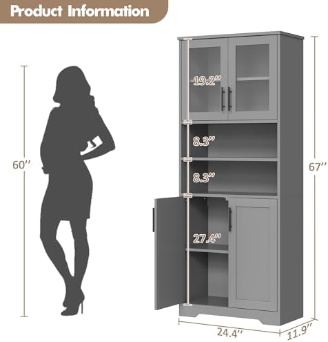 IDEALHOUSE 67" H Tall Storage Cabinet, Freestanding Bathroom Cabinet wit...