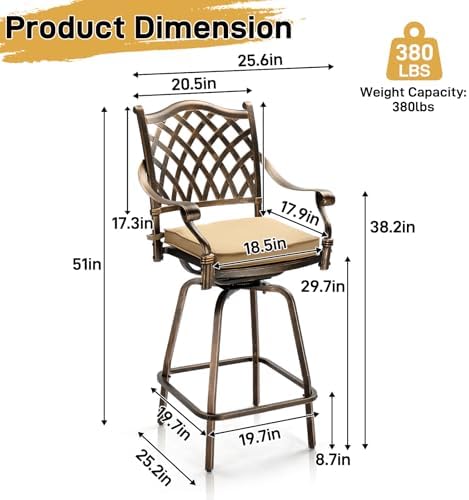 VINGLI Outdoor Swivel Bar Stools Set of 2, Cast Aluminum All-Weather Patio Ba...