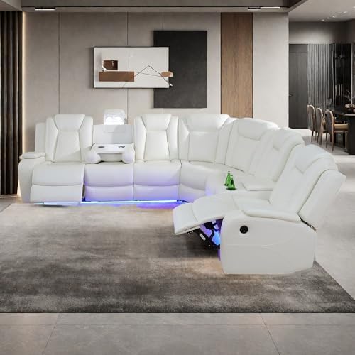 Power Recliner Sofa Sectional Sofa with LED Light for Living Room, Air Leathe...