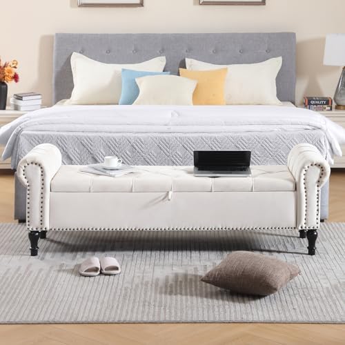 Velvet Storage Bench 67 Inch Upholstered Tufted Ottoman Bench with Arms Large...