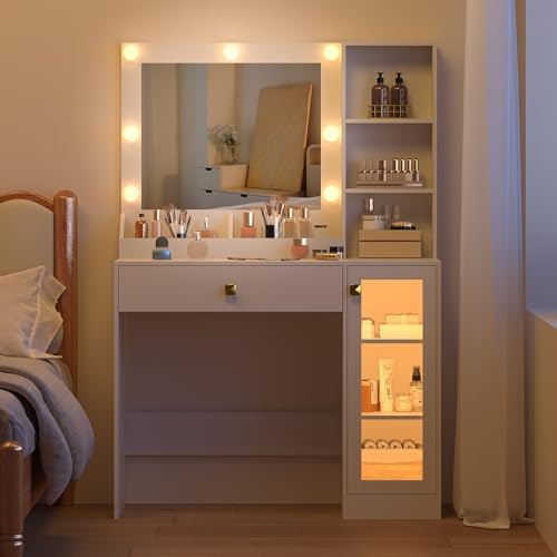 BORNOON Small Vanity Desk with Mirror and Lights, Makeup Vanity Desk with Adj...