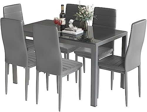 DKLGG Glass Dining Table Set for 6, Modern Kitchen Table with 6 PU Leather Ch...