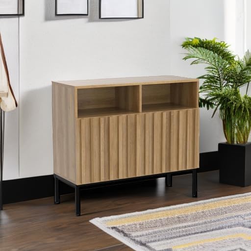 mopio Norwin Storage Cabinet, Sturdy Modern Rustic Industrial Buffet Sideboard, Fluted Accent Storage Cabinets, Credenza, Oak Wood TV Stand, Entertainment Center, Media Console, Living Room (Double)