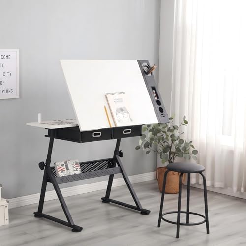 Adjustable Drawing Table with 2 Drawers & Stool, for Art & Work