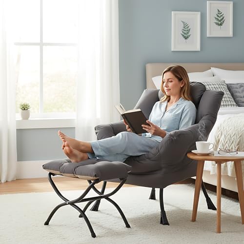 Modern Lazy Chair with Ottoman, Comfy Accent Reading Chair, Dark Grey