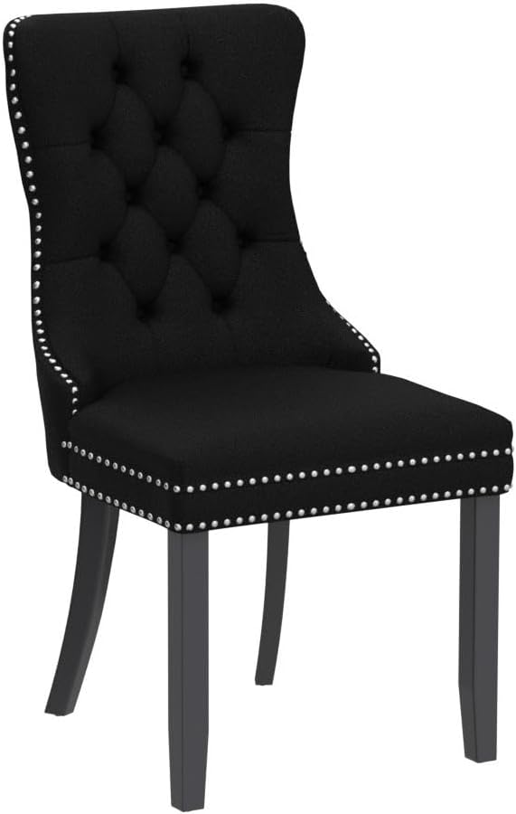 Kiztir Velvet Dining Chairs Set of 4, Upholstered Dining Room Chairs with Ring Pull Trim and Button Back, Luxury Tufted Dining Chairs for Living Room, Bedroom, Kitchen (Black)