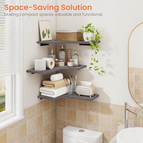 Homode Corner Shelves Wall Mounted, Set of 3 Floating Corner Shelves with Cor...