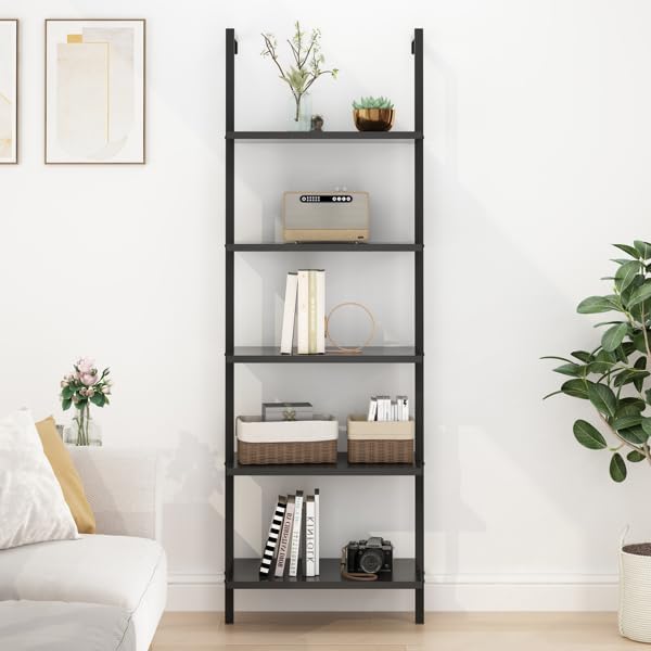 5-Tier Wall-Mounted Ladder Bookshelf Black Metal Frame | MDF Shelves, Industrial Style, 60x30x180 cm, Open Design, Living Room & Office