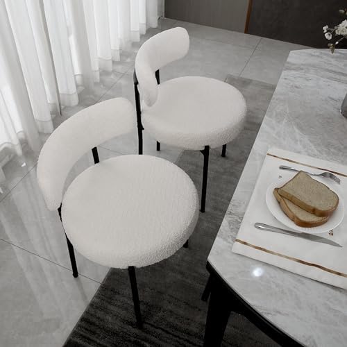 White Dining Chairs Set of 4 Round Upholstered Boucle Dining Room Chairs Mid-...