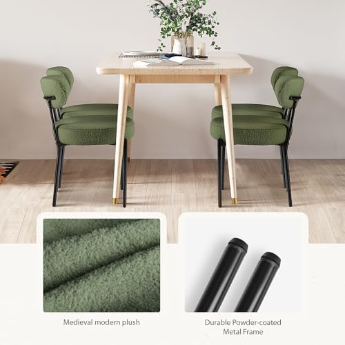 DUMOS Dining Chairs Set of 4, Mid Century Modern Chair Round Upholstered Curved Backrest, Kitchen Vanity Living Room Chairs with Black Metal Legs, Green