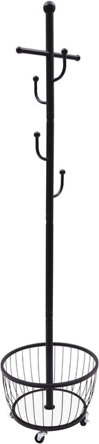 Floor Standing Coat Rack with Storage Basket and Wheels,Carbon Steel Hall Tree with 6 Hooks,Clothes Rack for Entryway,Bedroom,Black