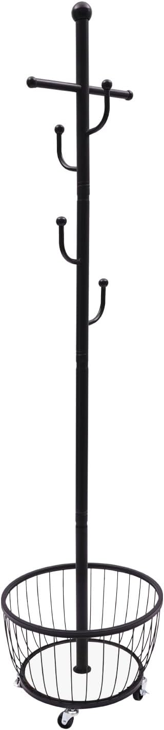 Floor Standing Coat Rack with Storage Basket and Wheels,Carbon Steel Hall Tree with 6 Hooks,Clothes Rack for Entryway,Bedroom,Black