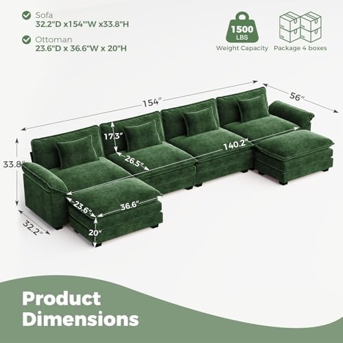 CDCASA 154" Modular Sectional Sofa, Comfy U-Shaped Cloud Couch with 2 Mo...