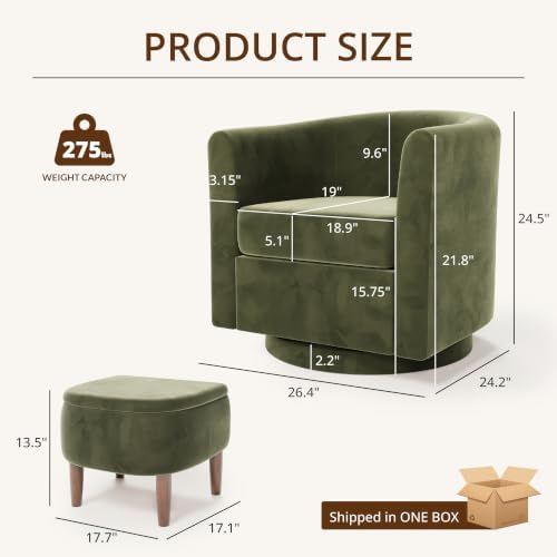 360° Swivel Accent Chair with Storage Ottoman | Small Modern Velvet Barrel Ch...