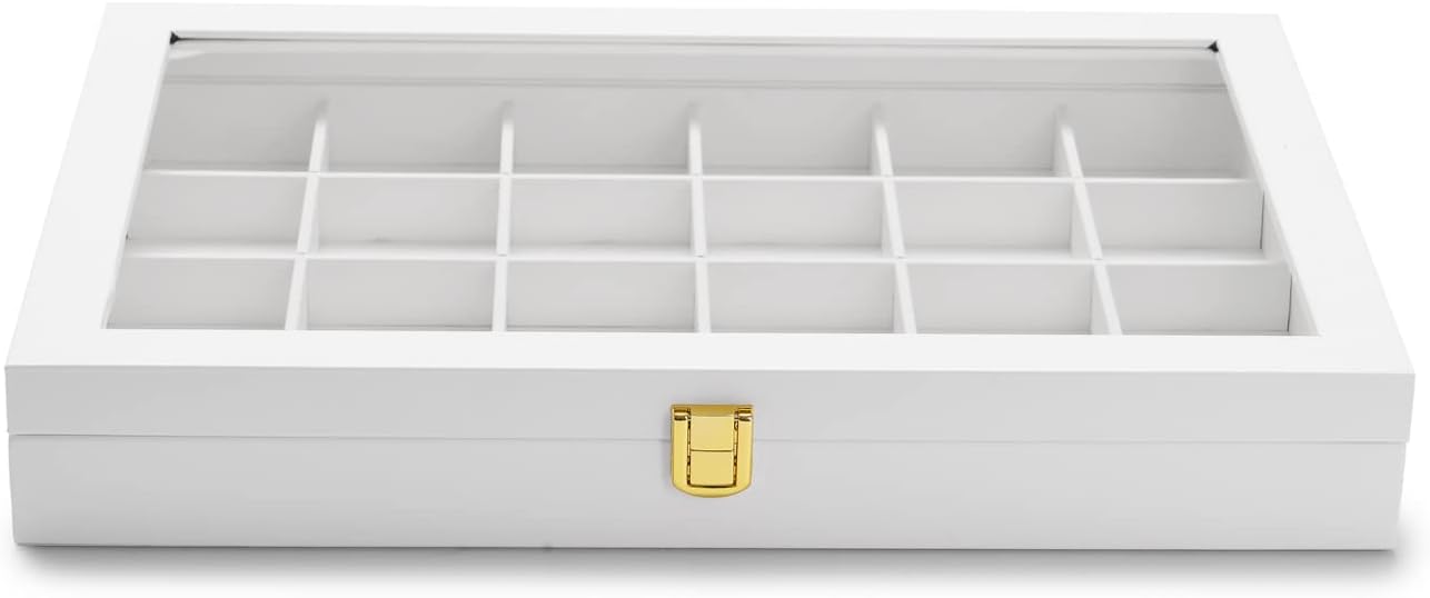 Oirlv Premium Blue Leather 24 Grid Jewelry Tray with Transparent Lid Earrings Rings Organizer Box Stackable Jewelry Box Drawer Inserts Women Gift