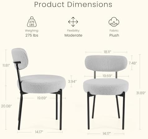 DUMOS Dining Chairs Set of 4, Mid Century Modern Chair Round Upholstered Curved Backrest, Kitchen Vanity Living Room Chairs with Black Metal Legs，Classic Grey