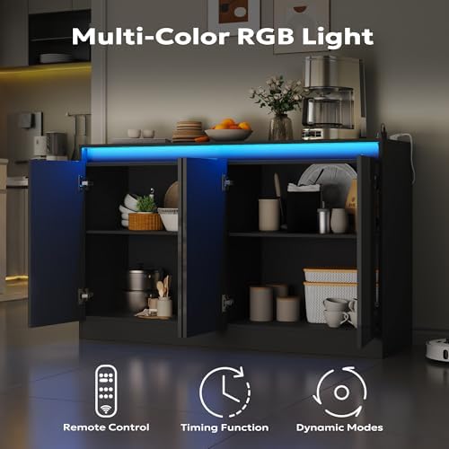 Furnify 51" W Buffet Cabinet with LED Lights & Charging Station, Grey